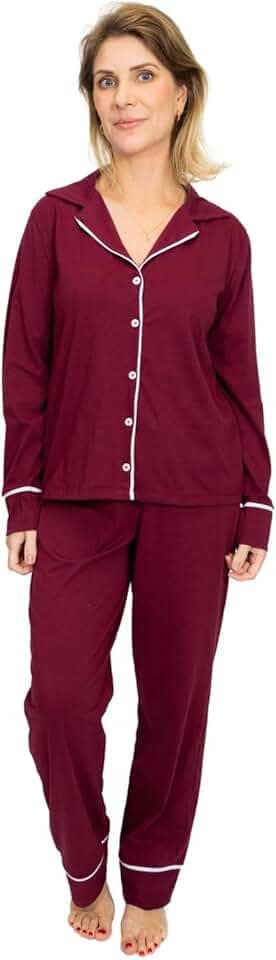 Pijama Americano Feminino Longo Algodão com Botões - Bordô