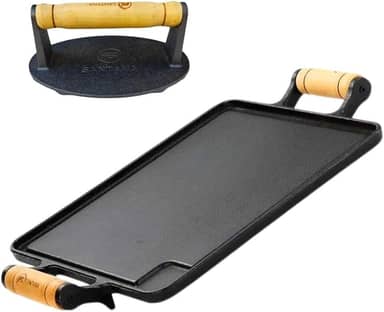 Kit Chapa Bifeteira de Ferro Fundido Com Prensador De Bife Lisa Com Alça De Madeira Conjunto