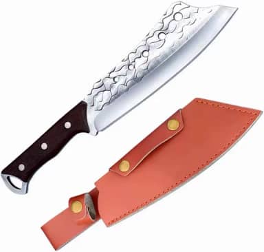 Faca Cutelo Profissional com Lâmina Grossa Decorada em Aço Inoxidável, Cabo em Madeira, Comprimento 34cm, Com Bainha