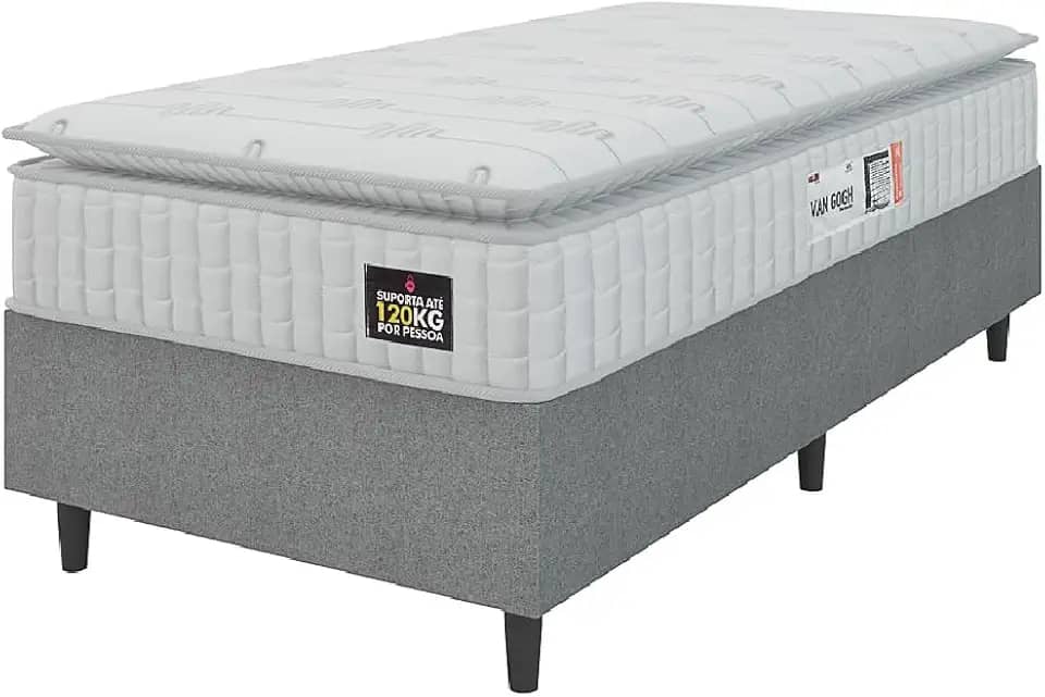 Cama Box Colchão Solteiro Espuma D33 Vangogh 88x188x67cm Branco/Cinza Hellen - Suporta até 120kg por Pessoa