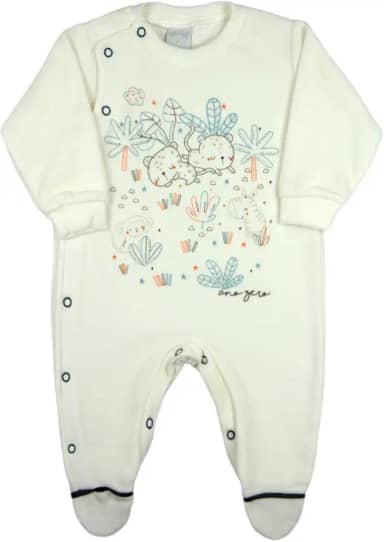 Macacao Bebe Menino Plush Roupa Bebê com Estampa em Silk Screen de Oncinhas - Natural