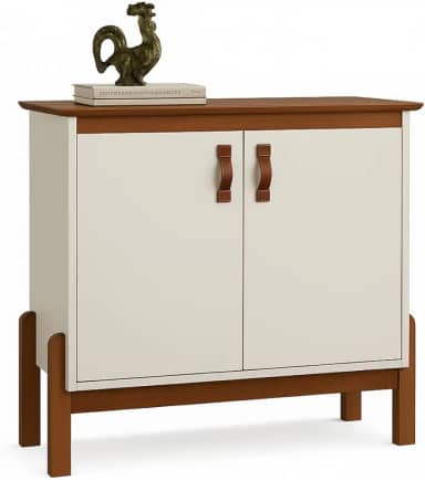 Aparador Bancada Hall de Entrada Sala Decoração Buffet Balcão Jantar Armário Cozinha Cantinho do Café 2 Portas com Puxador em Couro Pés Madeira Maciça Retrô Sonetto (Offwhite/Freijó)