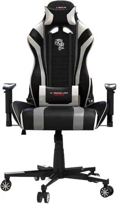ELG, CH05BKWH, Cadeira Gamer Black Hawk c/Apoio Cervical, Encosto Reclinável, Apoio de Braços, Ajuste de Altura, Inclina 180°, Suporta até 150kg, Preto/Branco