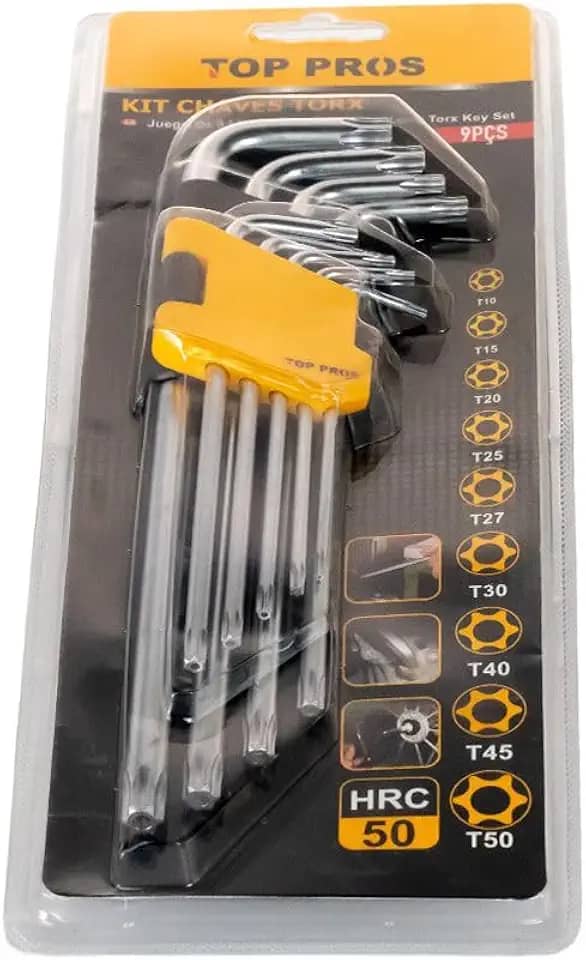 Jogo de Chave Torx 9 Peças, T10 a T50, Formato em L, para Automóveis, Bicicletas e Eletrônicos