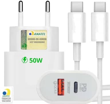 Carregador Turbo 50W + Cabo Tipo C, 2 Entradas USB e USBC, Carrega 2 Dispositivos, Turbo - Fonte e Cabo 50W, i.Phone 15, 16, 17, Galaxy, S.amsung, X.iaiomi, Android, Tecnologia Power Delivery