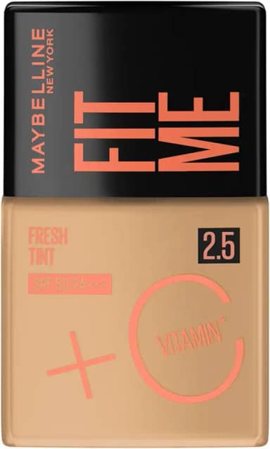 Maybelline NY Fit Me Fresh Tint Base Líquida, Proporciona Efeito Glow Natural, Controla a Oleosidade e Uniformiza a Pele com Vitamina C e FPS 50, Cor 2.5, 30ml