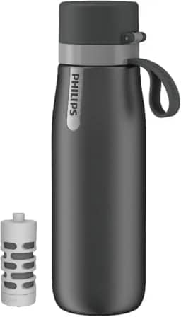 Philips Water GoZero Everyday Garrafa de água com filtro de aço inoxidável isolado, projetada com filtro diário Philips que cabe no canudo para filtrar água da torneira em água mais limpa, cinza/590 ml