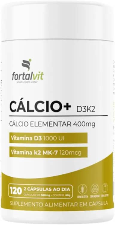 CÁLCIO + D3 K2 MK7-120 Cápsulas, Longa duração: 2 Meses de Uso - Cálcio Elementar (400mg) Vitamina D3, Vitamina K2-MK7, Fortalvit