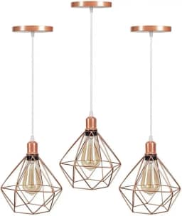 Kit 3 Lustre Pendentes Diamante Luminárias de Teto Cabo Regulável Modelo Diamante Rose Gold