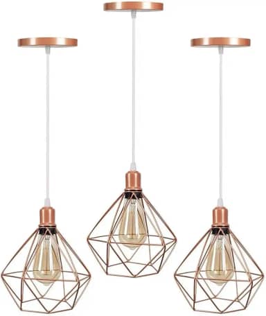 Kit 3 Lustre Pendentes Diamante Luminárias de Teto Cabo Regulável Modelo Diamante Rose Gold