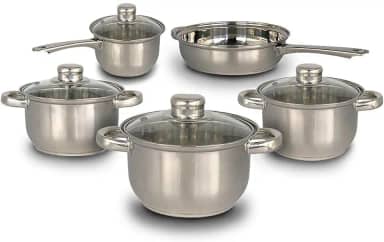 Conjunto de Panelas Inox 5 Peças com Tampa de Vidro – Panela, Caçarolas e Frigideira- Aço Inox