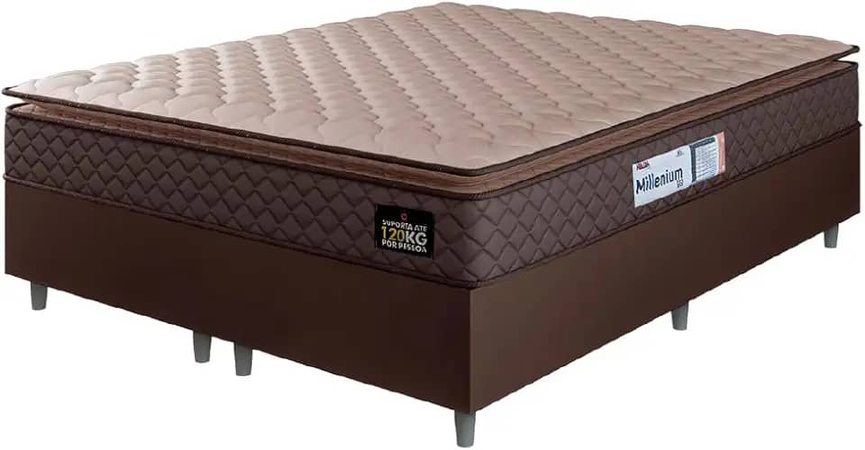 Cama Box Casal Queen Colchão Espuma D33 Pillow Top Millenium 158x198x57cm Suede Marrom Hellen – Suporta Até 120 Kg Por Pessoa