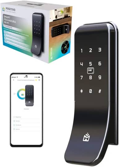 Smart Fechadura Digital Wi-Fi de Sobrepor Positivo Casa Inteligente, Abertura por Senha, Biometria, Tag, Chave e Aplicativo, Fechamento Automático – Preta
