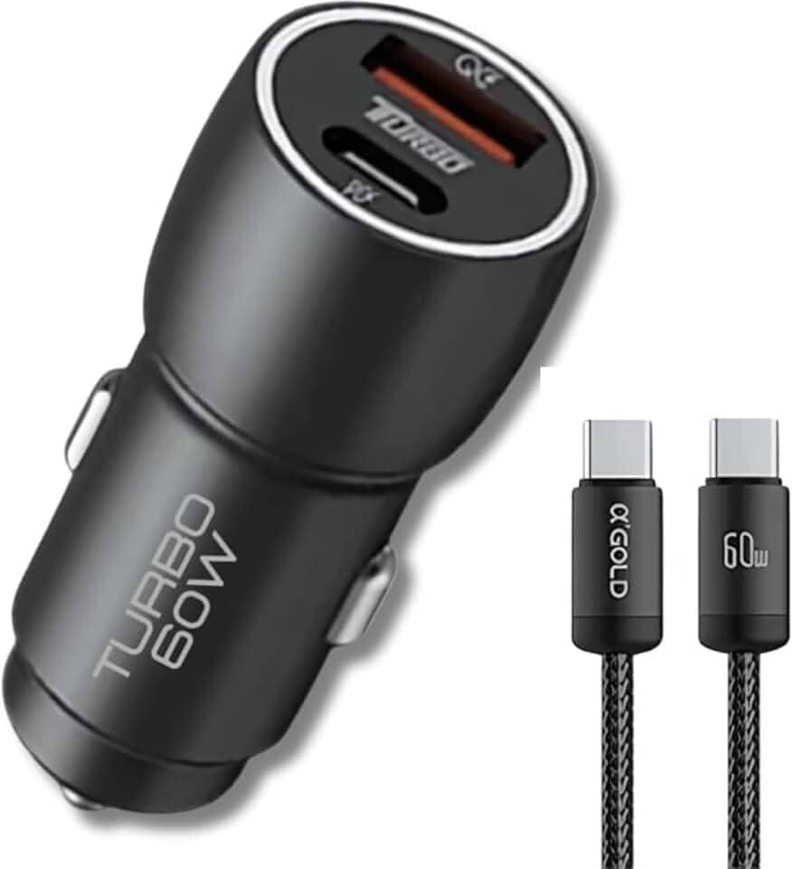 Carregador Veicular Turbo 60W Para Automóvel Carregador de Carro Duas Entradas com Carregamento Super Rápido Cabo USB-C Nylon 60w Premium Compatível Com IOS E ANDROID Compatibilidade Universal