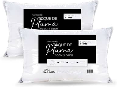 Kit 2 Travesseiros King 90x50 Cm Toque De Pluma Firme E Macio – Alto, Antialérgico, Antiácaro, Lavável, Ideal Para Dormir De Lado Ou Costas, Conforto Premium Casa Paulinha