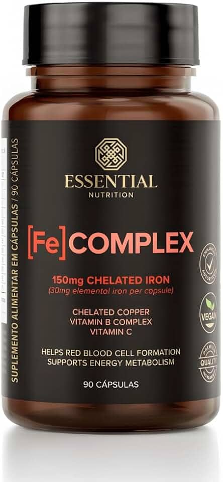 Fe Complex Ferro Quelado + Vitamina C Essential Nutrition – Suplemento de Ferro para Imunidade, Energia e Absorção Eficiente – 90 Cápsulas