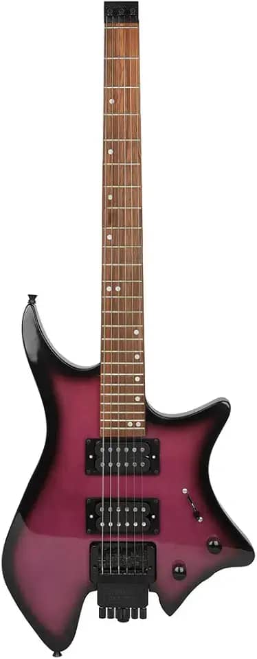 Guitarra elétrica, roxa, com gola dupla, metal, sem cabeça, com alto-falantes