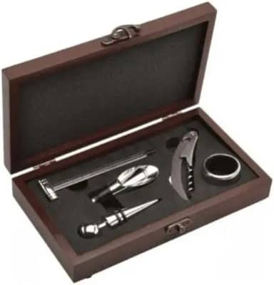 Kit Porta Vinho Com 5 Acessórios Inox E 1 Caixa De Madeira