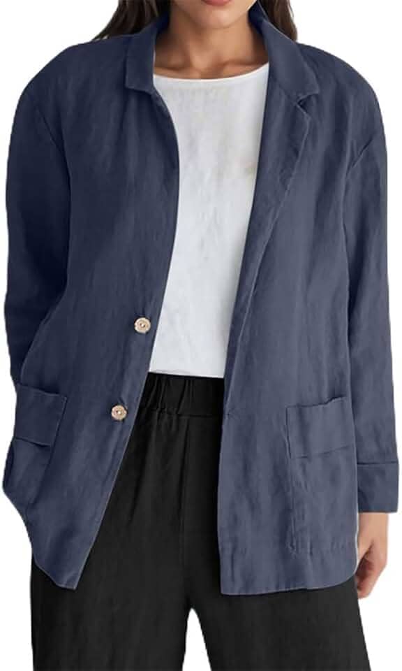 Blazer feminino leve, casual, de algodão, manga comprida, com botões, ajuste solto, para trabalho, escritório, com bolsos