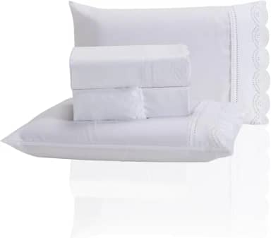 Jogo de Lençol Queen 3 Peças Percal 400 Fios Bordado Inglês - Tecido Acetinado, Macio e Confortável (Branco, Queen)