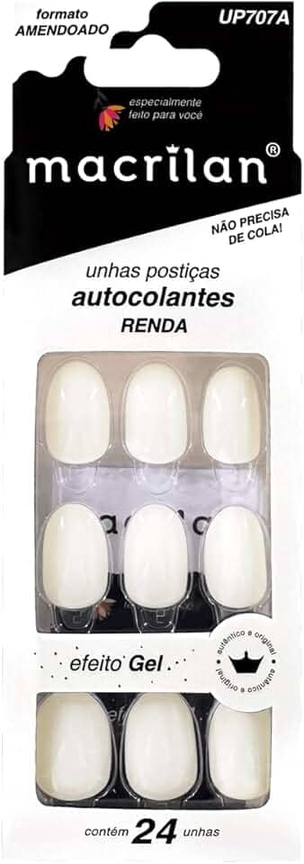 Unhas postiças formato amendoado com adesivo - renda - Plástico ABS