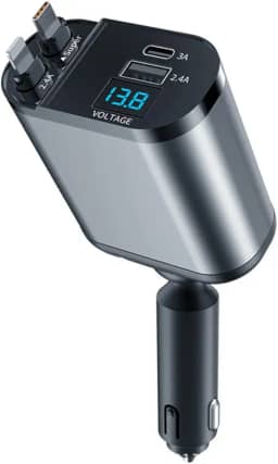 DERLEE Carregador retrátil para carro [versão atualizada] Carregador de carro rápido USB C 4 em 1 de 100 W com cabo retrátil duplo, duas portas USB com visor de tensão compatível com iPhone 14 13 Pro
