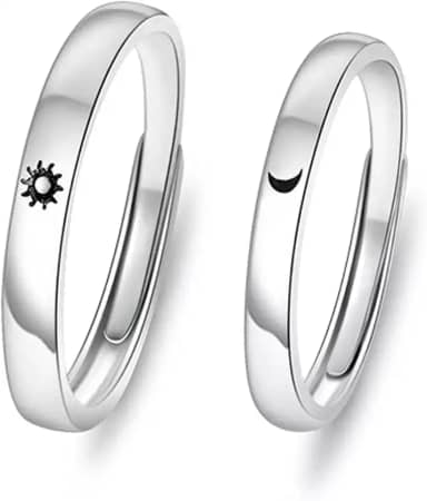 Alianças Casal Sol e Lua, Anéis Ajustáveis em Prata, Conjunto de 2 Peças
