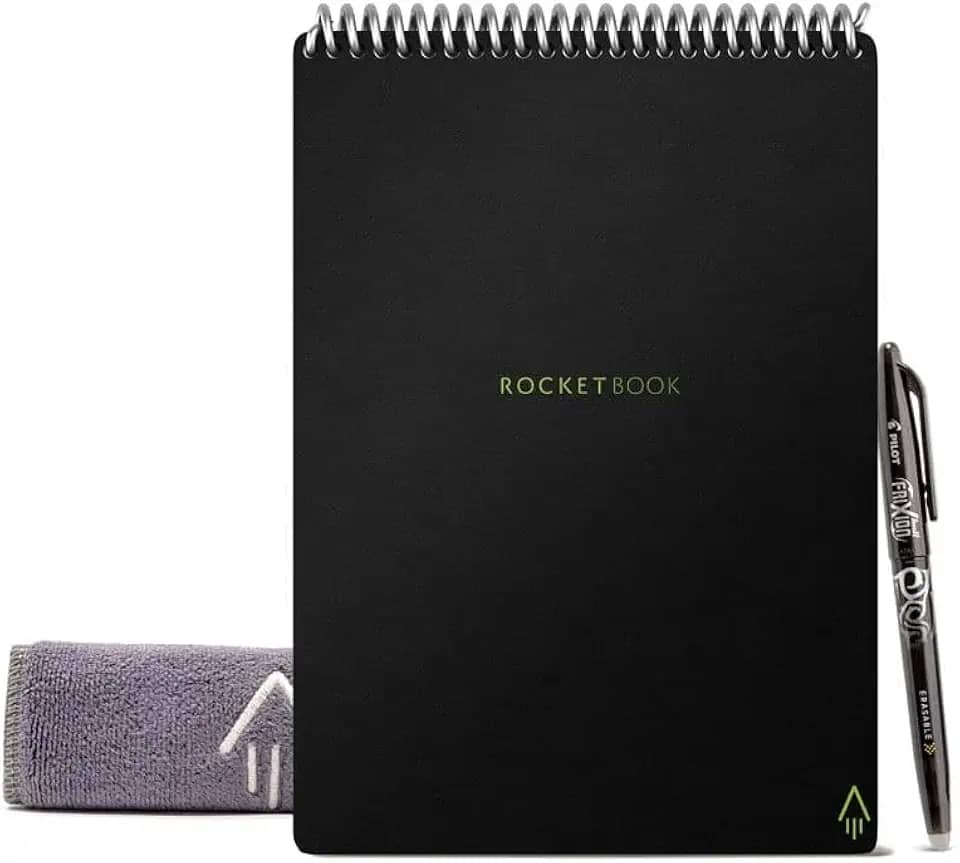Bloco de Notas Rocketbook Flip – com 1 caneta Pilot Frixion e 1 pano de microfibra incluído – capa preta, tamanho carta (21,5 x 28 cm)