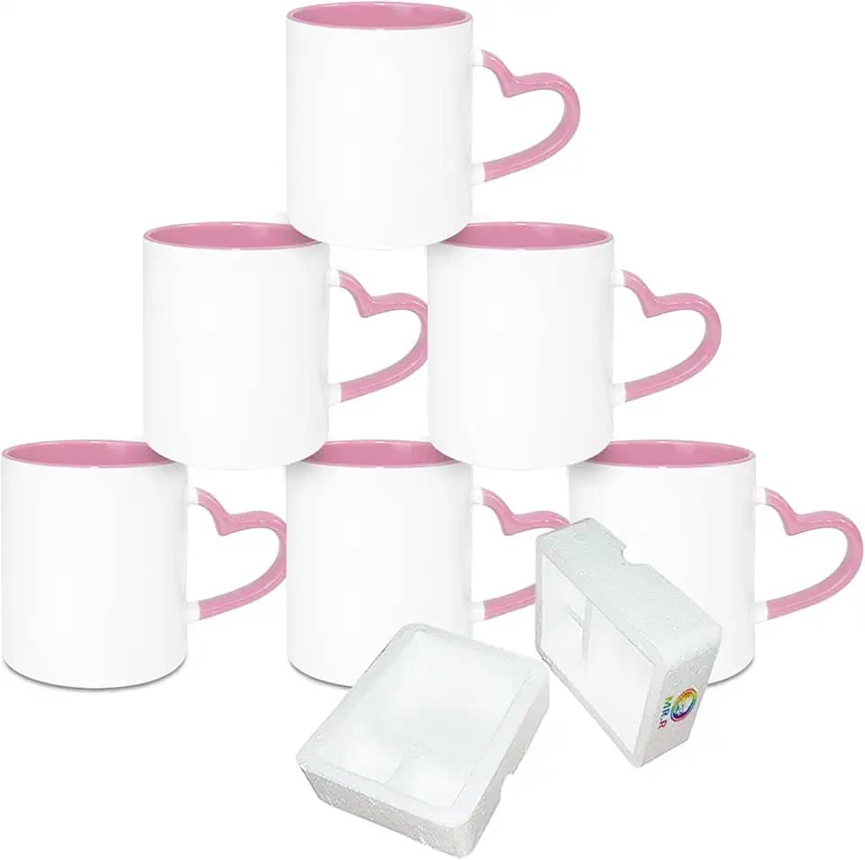 MR.R Caneca de cerâmica de sublimação em branco para lava-louças, copo revestido em branco, canecas em branco de sublimação, copo clássico com caneca interna de cor rosa e alça de coração, 325 ml,