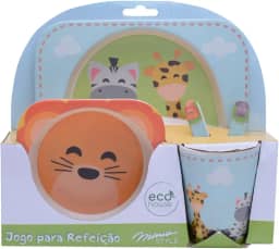Mimo Style Jogo Para Refeição Safari Infantil Eco-Friendly, Feito de Bambu Natural Ecológico. Possui Imagens Impressas de Animais. Jogo é Composto de Prato, Garfo, Bowl e Copo (320ml), BF20197