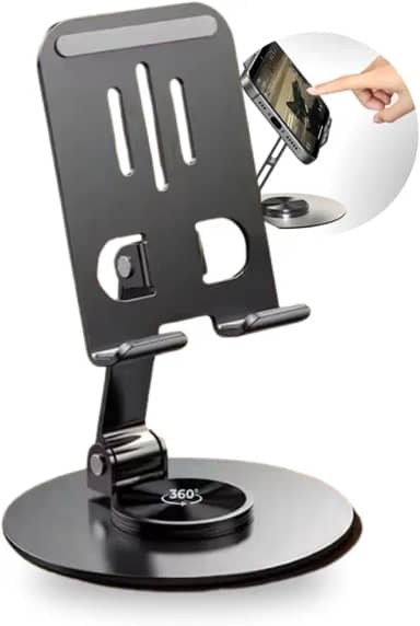 Suporte de Celular de Mesa em Alumínio com Base Rotativa 360° Ajustável e Dobrável Compatível com iPhone, iPad, Android, Smartphones e Tablets, Estável e Antiderrapante – Metal Premium