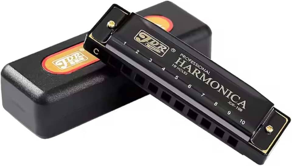 Gaita de Boca Diatônica JDR – 10 Furos 20 Vozes em Dó (C) com Estojo – Harmônica Profissional para Blues, Folk, Iniciantes e Músicos (Preto)