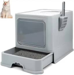 Reamfit Caixa de Areia para Gatos, 50x40x40CM, Cinza, Fechada, Grande Capacidade, Porta Transparente de Abertura Dupla