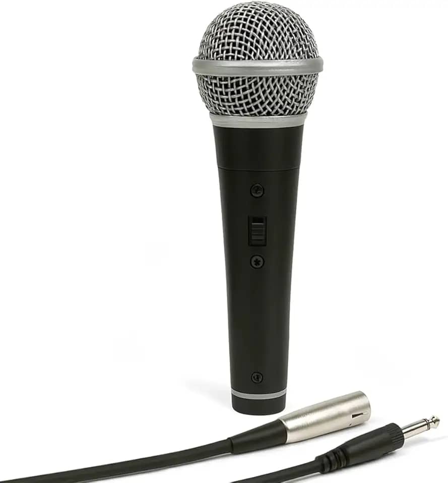 Microfone Dinâmico com Fio Profissional – Corpo em Metal Preto, Ideal para Voz, Igreja, Karaokê, Palestras, Estúdios e Shows