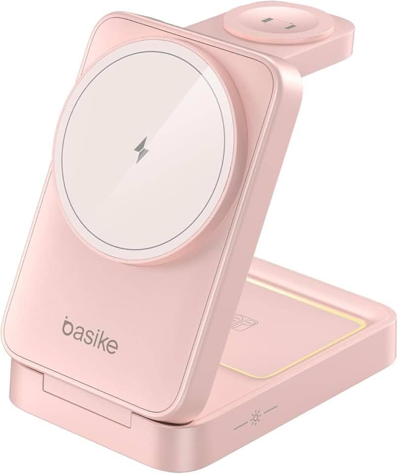Basike Carregador Sem Fio 3 em 1 Magnético 2025, Estação de Carregamento Portátil com Luz Noturna, Dobrável e Compatível com MagSafe, iPhone 16/15/14/13/12, Apple Watch e AirPod (Ouro rosa)
