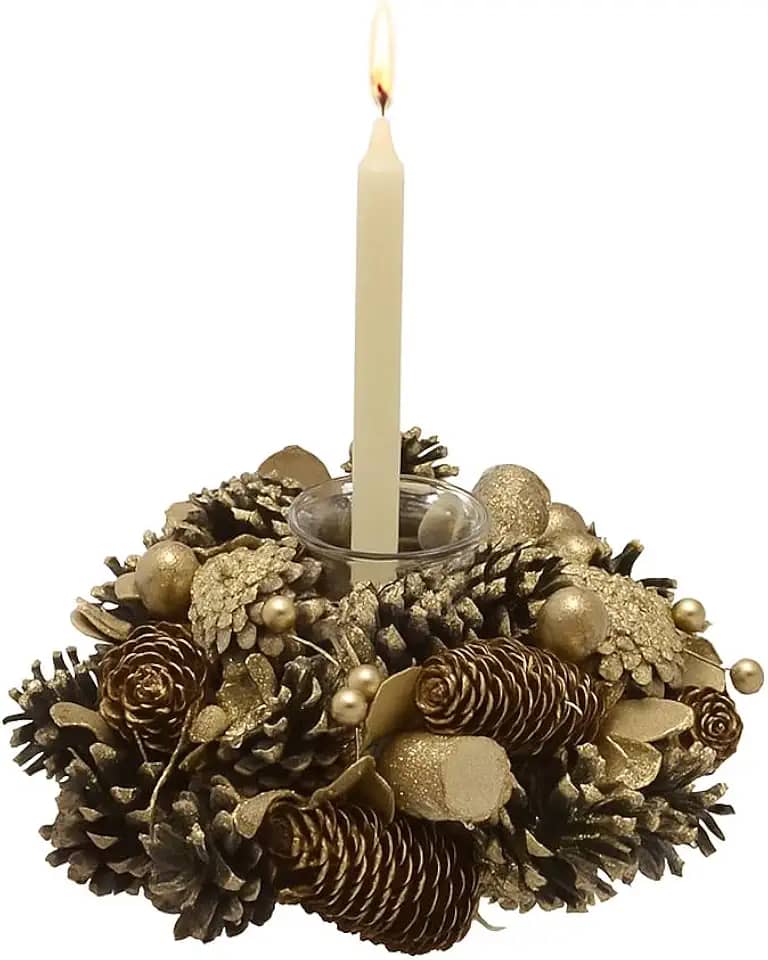 Candelabro Porta Vela Pinhas Dourado Enfeite Natal Decoração Natalina Premium