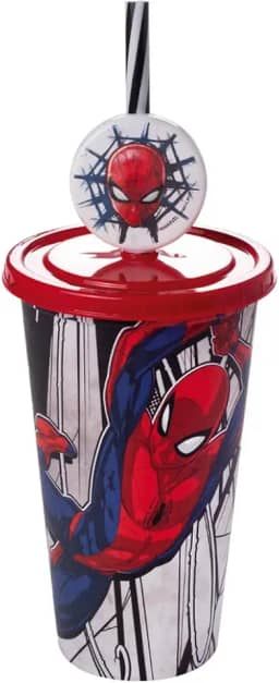 Copo com Canudo e Pin 500 ml Homem-Aranha Plasútil