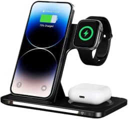 Carregador Sem Fio Rápido, Indução, Wireless, 3 em 1, 15W Dobrável, Estação de Carregamento Compatível com iPhone Apple Watch AirPods com LED KAIDI KNC9097