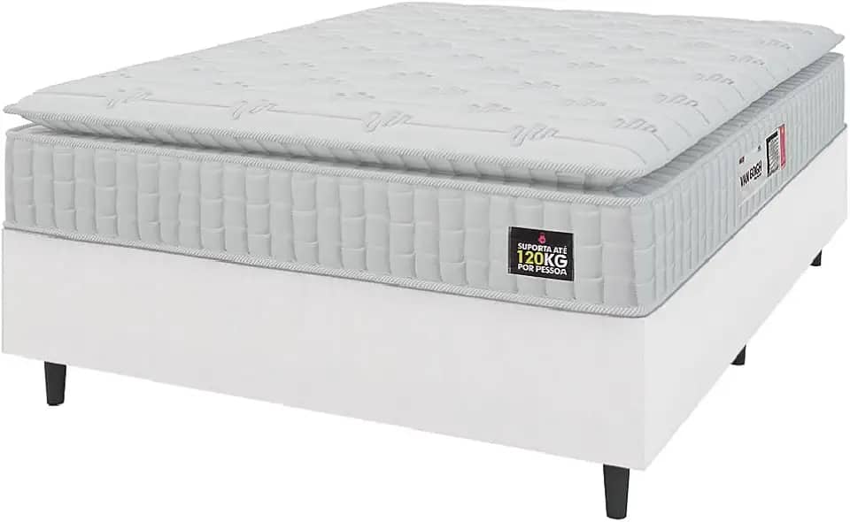 Cama Box Casal Queen Colchão Espuma D33 Pillow Top Van Gogh 158x198x62cm Branco Hellen – Suporta Até 120 Kg Por Pessoa