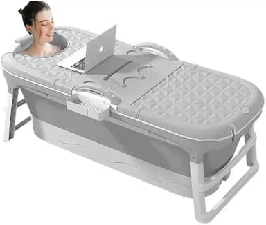 Banheira Ofurô Dobrável Portátil Adulto Cinza 117 cm com Suporte VG+