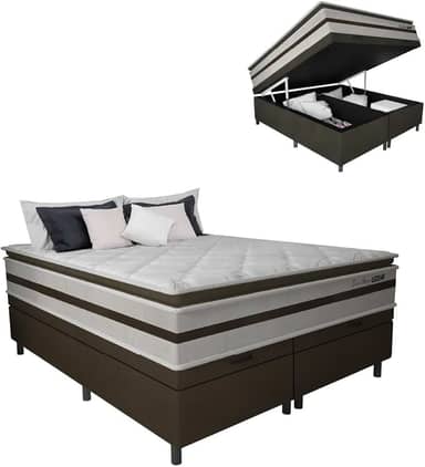 Cama Box Baú Casal King Gazin Colchão Molas Ensacadas Pillow Top Love Story 193x203x71cm Branco/Marrom - Suporta Até 120Kg Por Pessoa