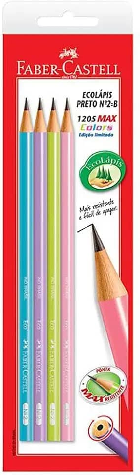 Lápis Grafite Nº 2=B, Faber-Castell, SM/1205MED, EcoLápis Max, Sem Borracha, 4 Unidades, Multicor