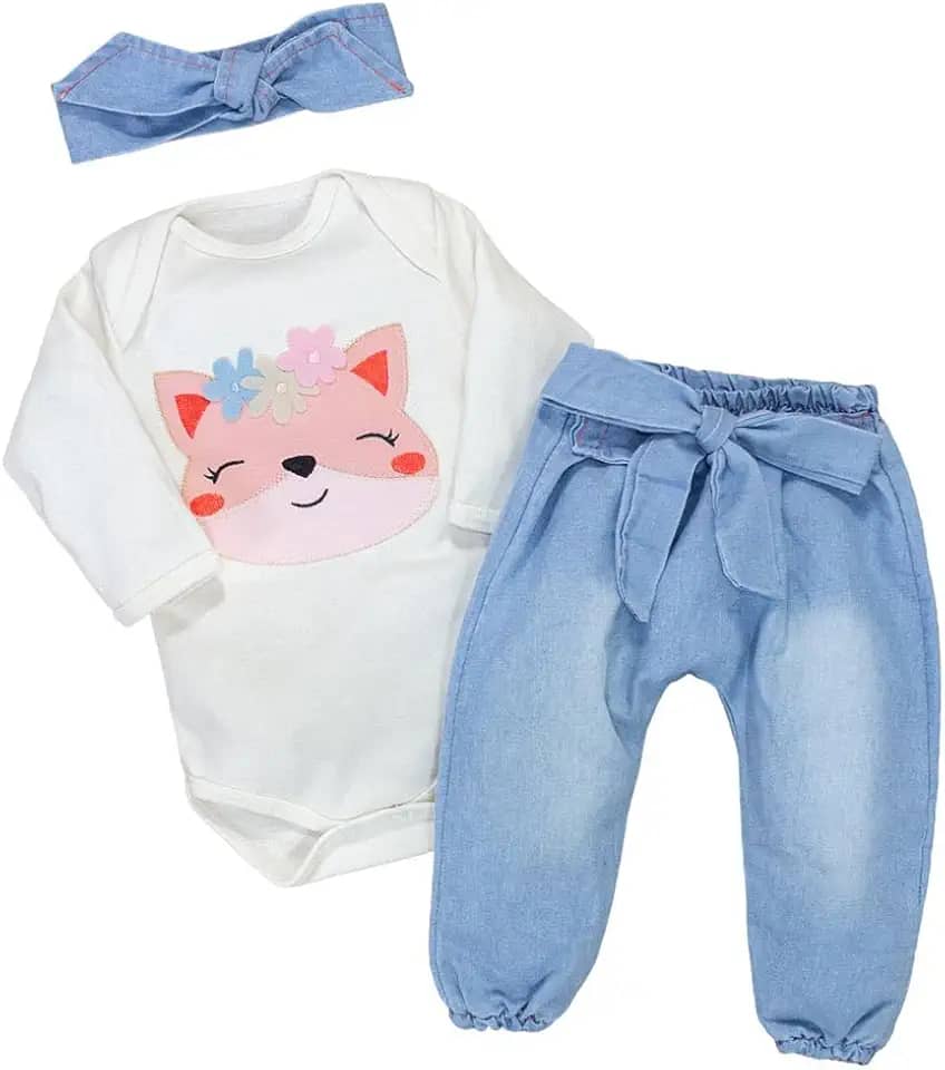 Conjunto Bebê Body Bordado Manga Longa com Calça Jeans ou Calça Ecolinho Sustentável - Era Uma Vez 0-12 Meses