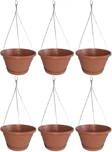Kit 6 Vaso Cuia 21 Suspenso Com Prato + Cabo de Aço 40cm Vaso Pendente de Parede Para Samambaia Cerâmica Terracota de Plástico Reciclado - 1927