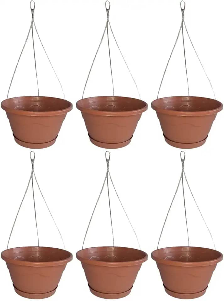 Kit 6 Vaso Cuia 21 Suspenso Com Prato + Cabo de Aço 40cm Vaso Pendente de Parede Para Samambaia Cerâmica Terracota de Plástico Reciclado - 1927