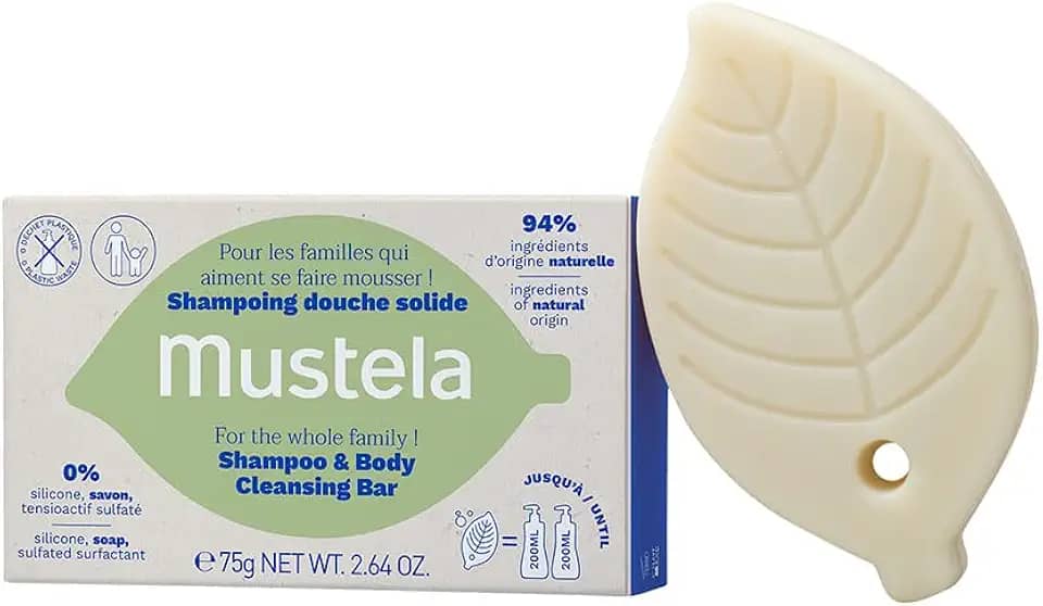 Mustela Shampoo Sólido Corpo e Cabelo 75g - Sabonete e Shampoo 2 em 1 - Vegano, Sem Fragrância e com 94% de ingredientes de origem natural - Para Bebês, Crianças e Adultos