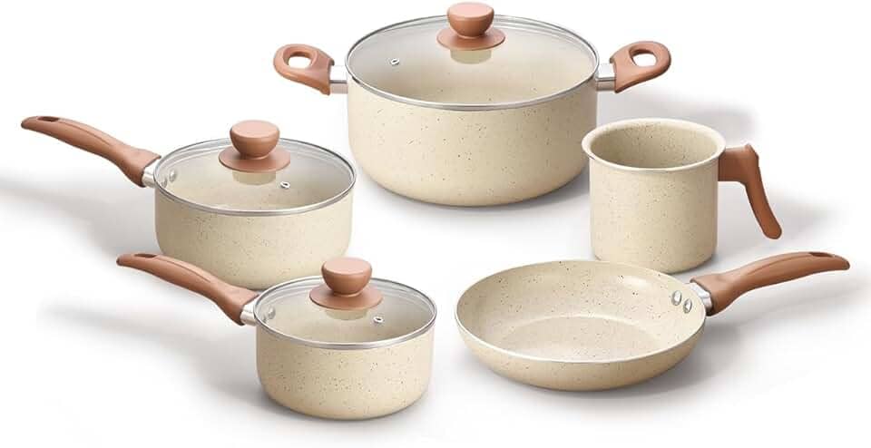 Oikos - Jogo com 5 Panelas Antiaderentes de Revestimento Cerâmica com Tampa de Vidro Terrara Bege com 5 Camadas para Fogão a Gás, Elétricos, Cerâmicos e Halogênio