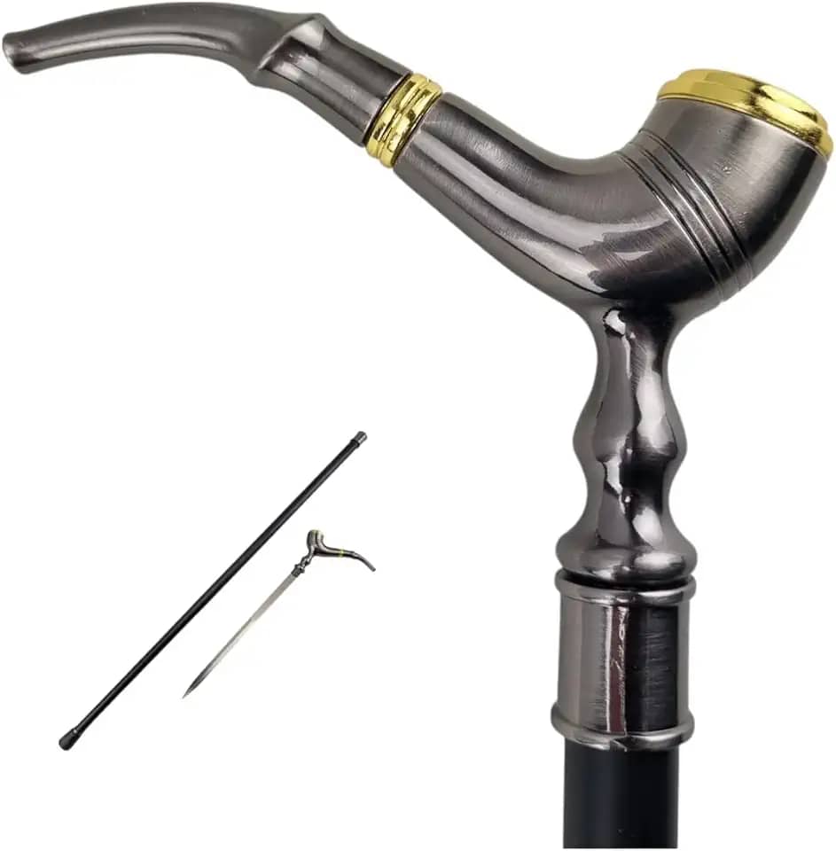 Bengala de Defesa Estilo Cachimbo com Punhal Oculto, Cinza Metálico e Dourado, Bastão para Caminhada com Acessórios