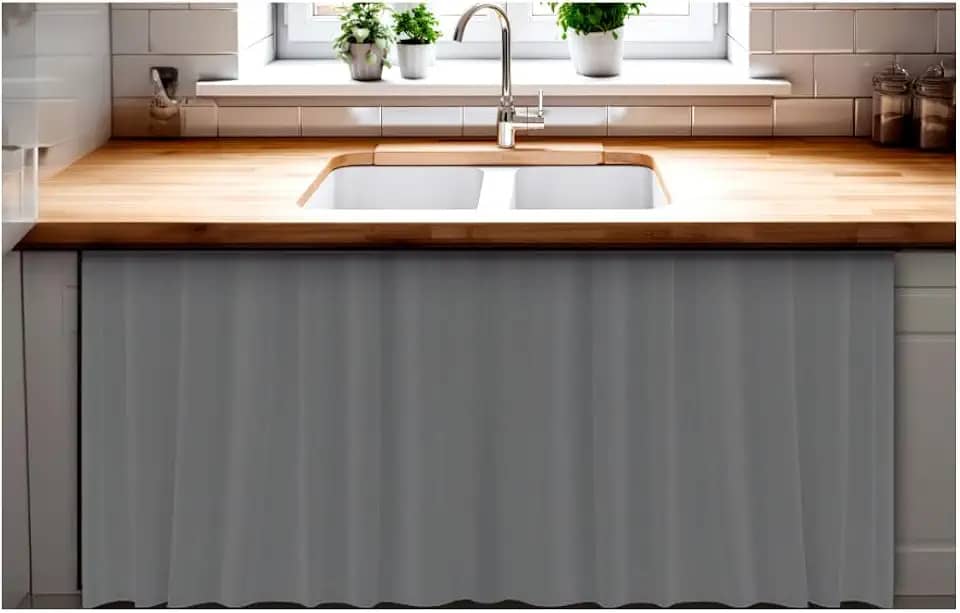 Cortina De Pia para Cozinha Dispensa Balcão Pias em geral Blackout Impermeavel 138x80 cm cor cinza material resistente antmofo 100% PVC