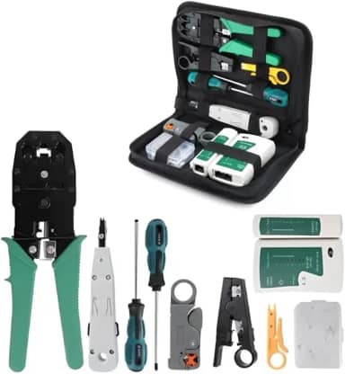 Kit Ferramentas 10 em 1 para Manutenção de Redes e Informática – Alicate Crimpador RJ45/RJ11, Testador de Cabos, Punch Down, Descascador, Chave Phillips, Maleta com Conectores – Linha Profissional